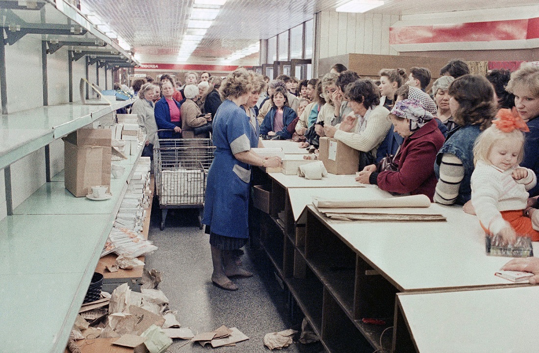 Typical grocery store queue in Vilnius, Lithuania, USSR in 1990.