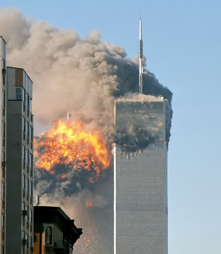 The North face of the Two World Trade Center (south tower) immediately after being struck by United Airlines Flight 175