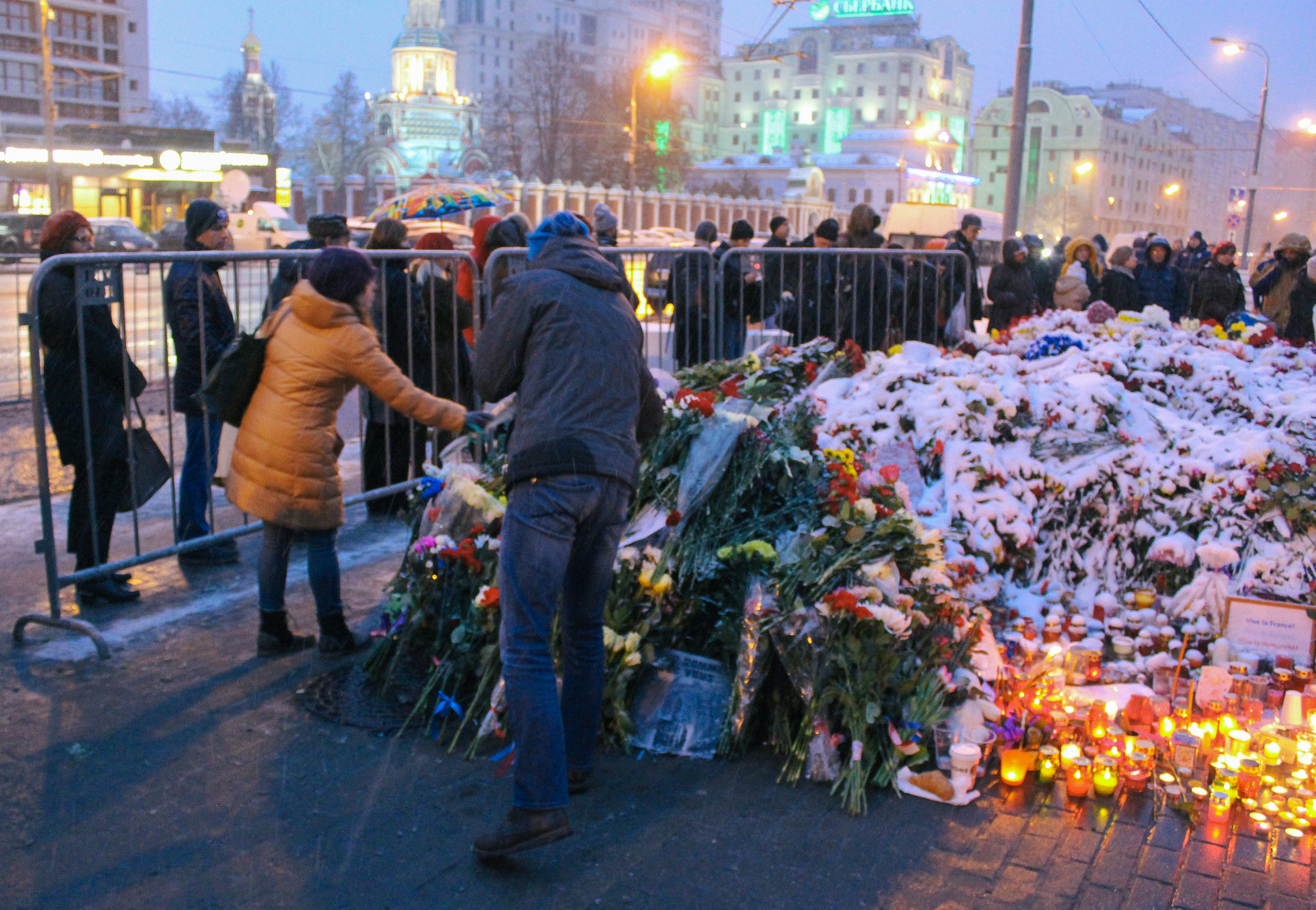 Memorial to Nov. 2015 Paris Attacks at French Embassy in Moscow.