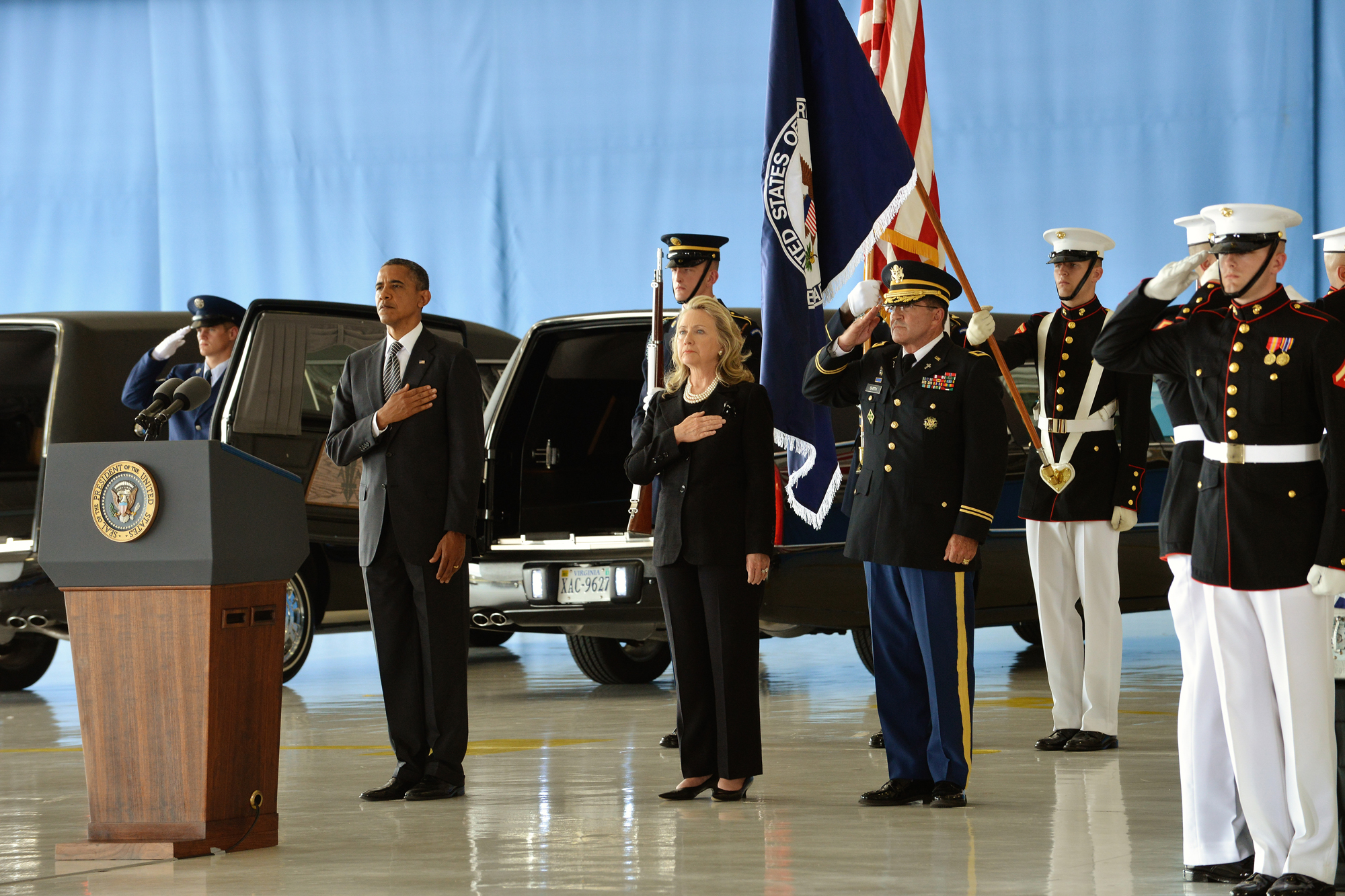 President Obama and Secretary Clinton honor the Benghazi attack victims at the Transfer of Remains Ceremony held at Andrews Air Force Base on September 14, 2012.