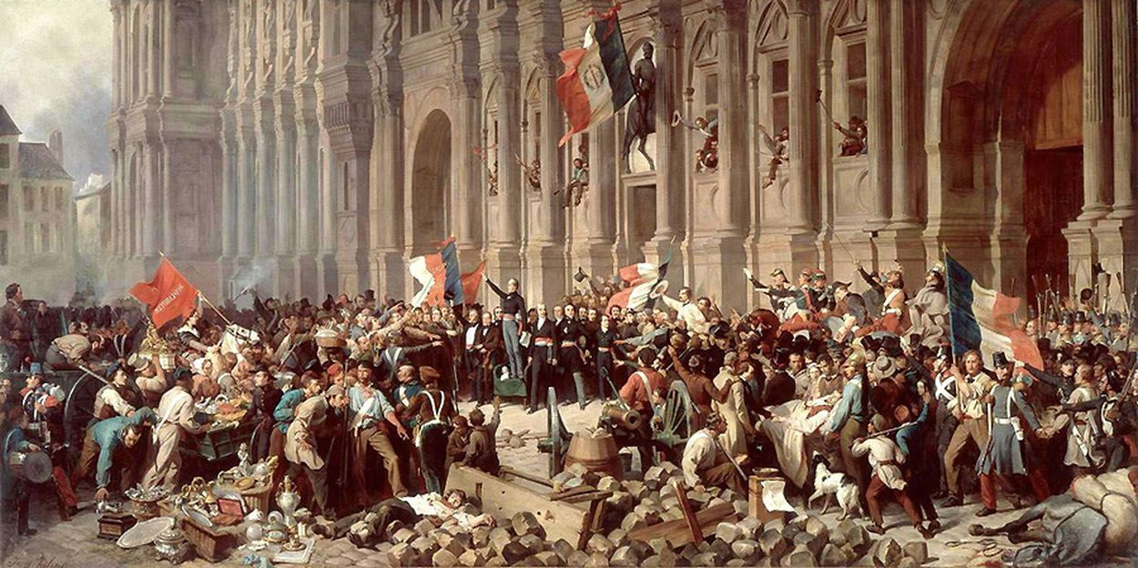 Lamartine, before the Hotel de Ville, Paris rejects the red flag of revolution and socialism on Feb. 25, 1848. By Henri Félix Emmanuel Philippoteaux , Public Domain