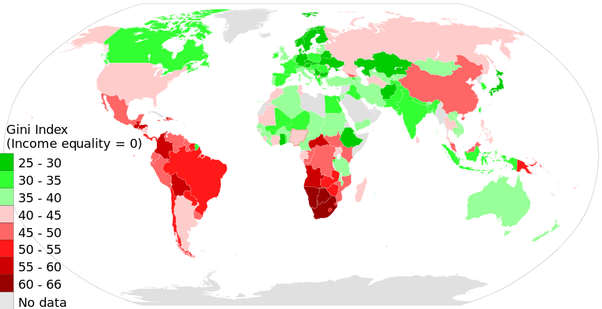 Gini index world map in 2014 according to the Wold Bank