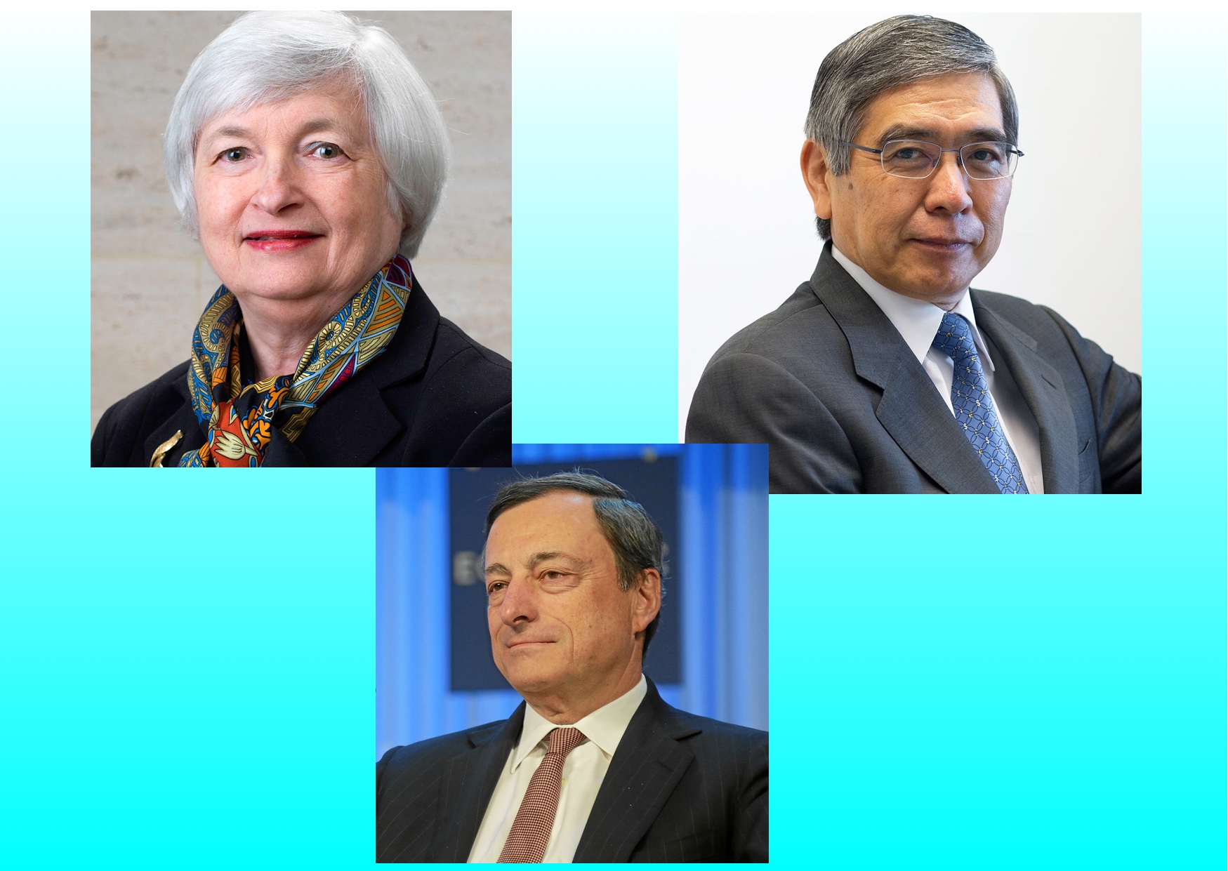 From Top Left Clockwise: Janet Yellen, Federal Reserve Chairman; Haruhiko Kuroda, Governor, Bank of Japan; Mario Draghi, President, European Central Bank