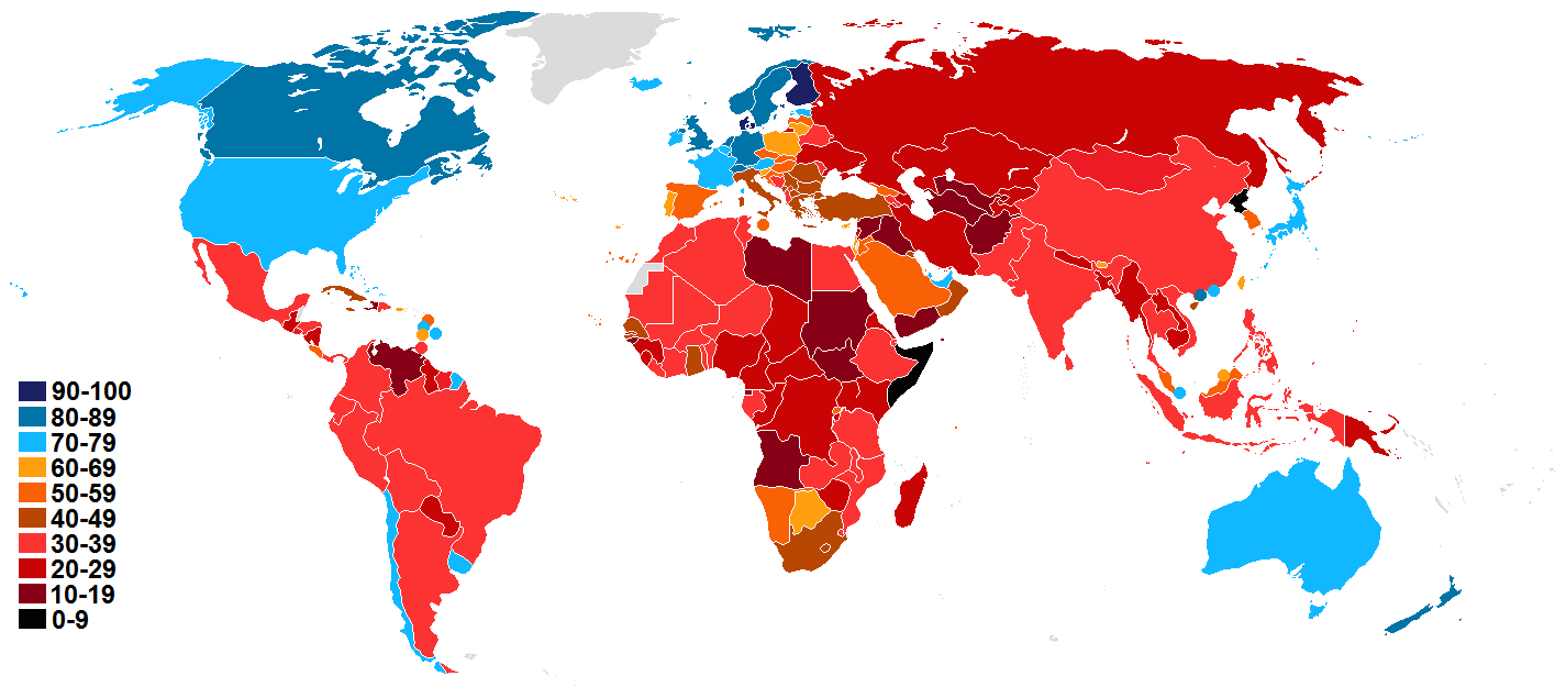 World Map of Transparency Internationals perception of corruption index for 2015
