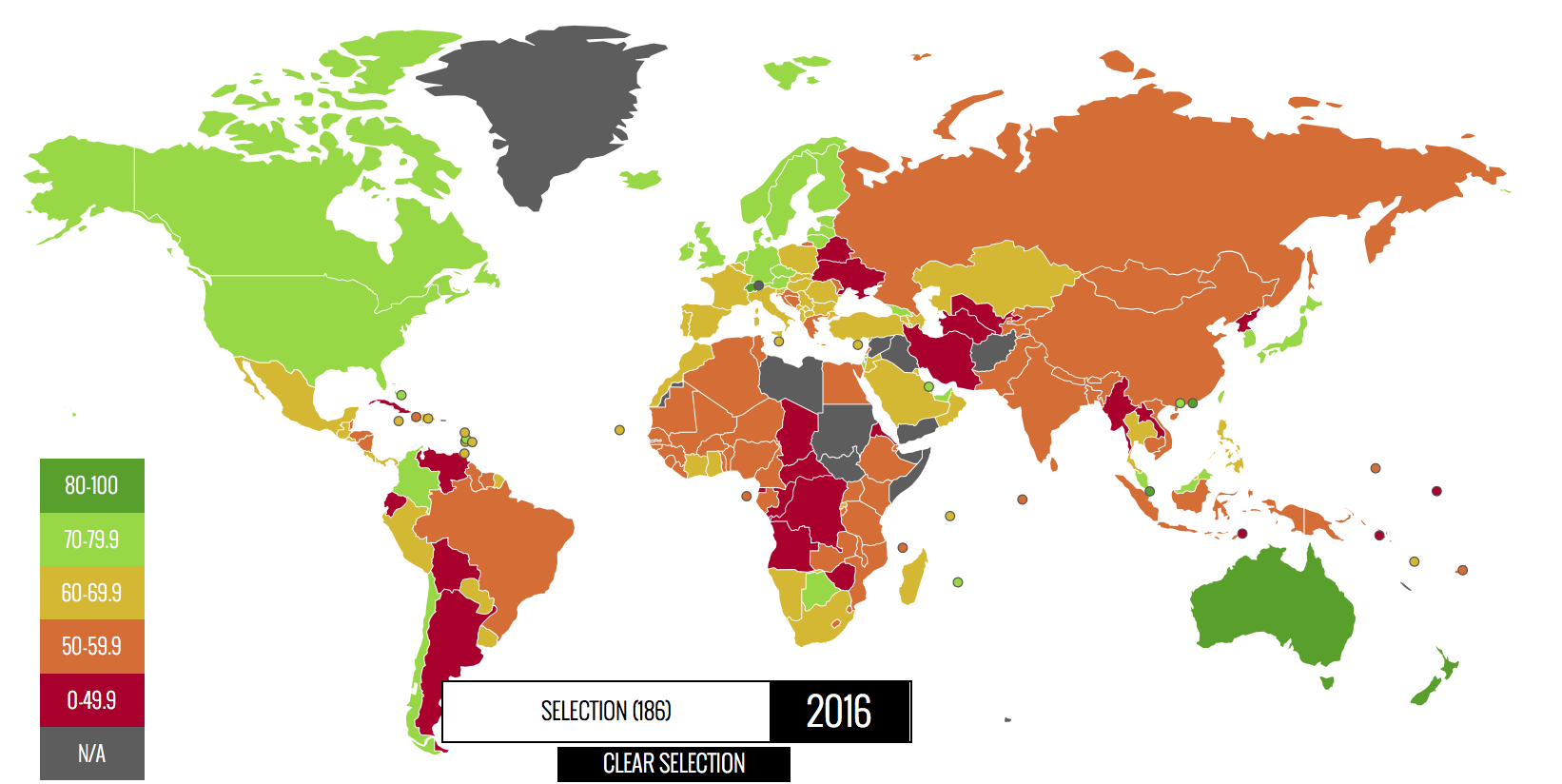 World Map Of WSj/Heritage Foundation Index of Economic Freedom for 2016