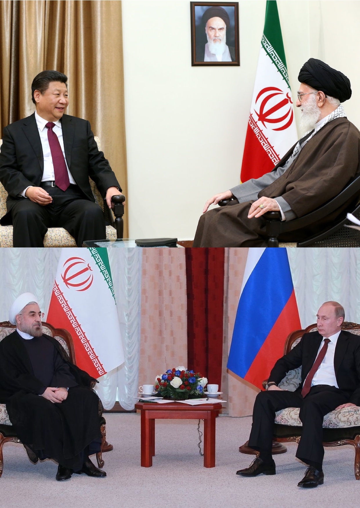 On top, Ali Khamenei, the Supreme Leader of Iran, meeting with Chinese President Xi Jinping on January 23, 2016. On bottom, Iranian President Hassan Rouhani meeting with Russian President Vladimir Putin on September 13, 2013. Iran, China, and Russia are all strategic allies.