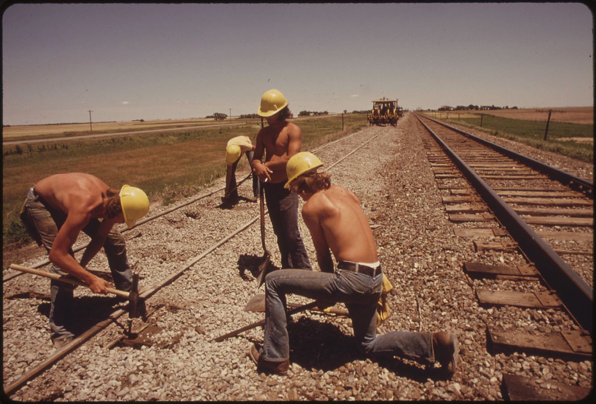 The kind of jobs that are available? A railroad work crew in 1941 near Bellefont, Kansas.