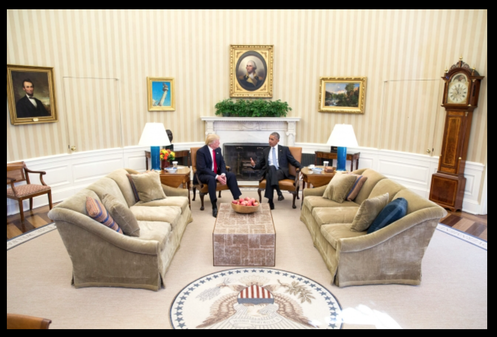 President-Elect Donald Trump conversing with President Barack Obama in the Oval Office, November 10, 2016