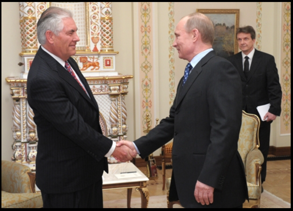 Secretary of State Designate Rex Tillerson, then ExxonMobil CEO, with President Vladimir Putin of the Russian Federation on April 16, 2012