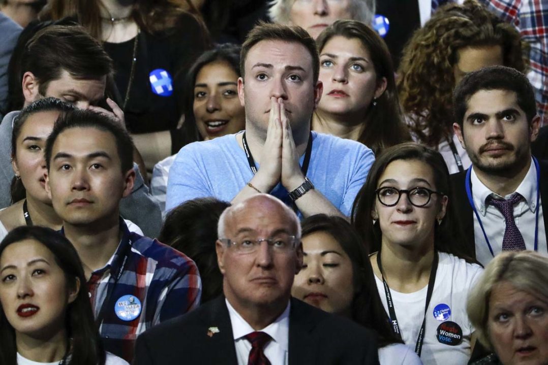 Democratic Party workers watching the presidential election returns in shock on the night of November 8, 2016.