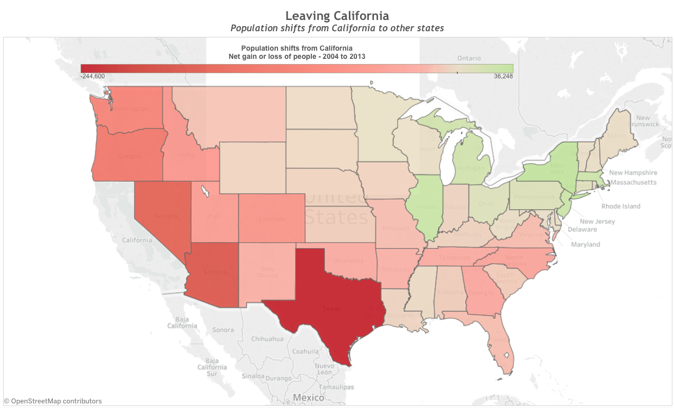 Net migration to and from California to other states from 2004 to 2013