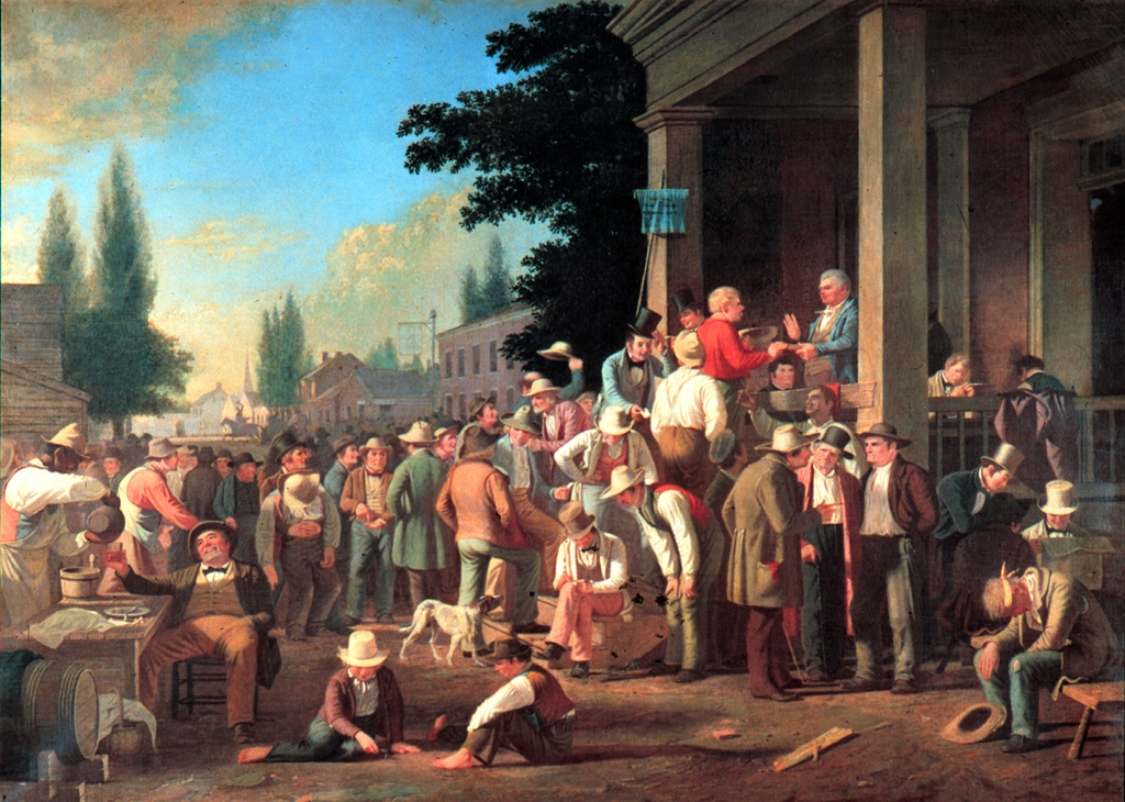 An 1846 painting by George Caleb Bingham showing a collection of voters before a polling place. A polling judge is administering an oath to a voter.