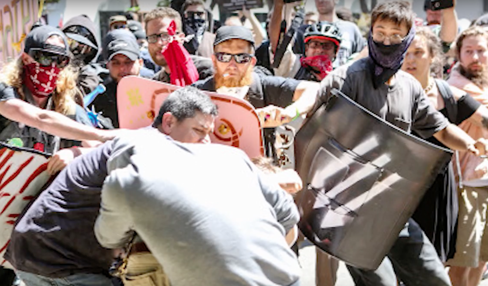 Antifa combatants fighting with Trump supporters at Berkeley, California on August 27. 2017.