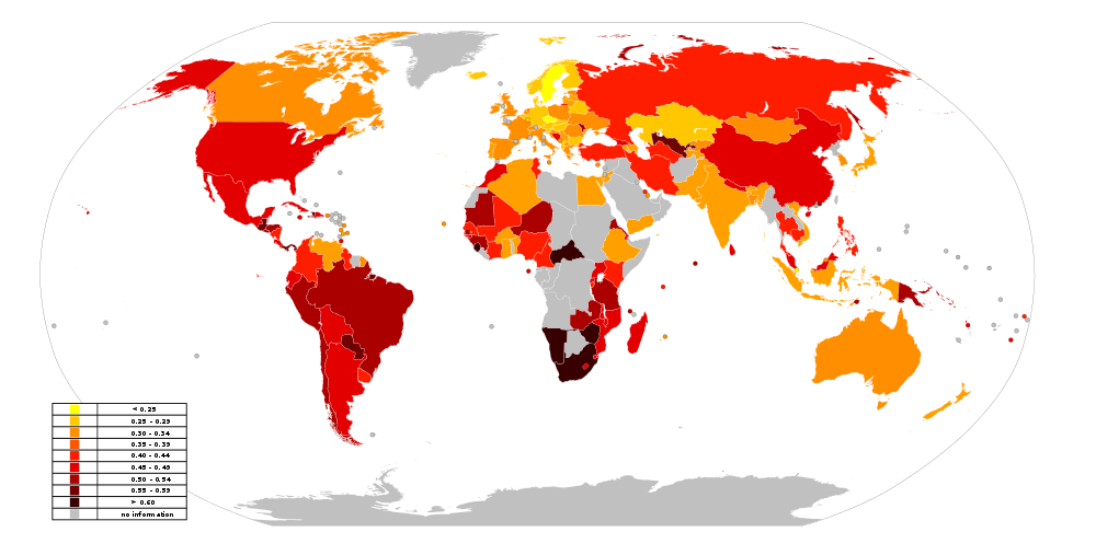 World Map of the GINI Index, published on Wikipedia.com in 2014.