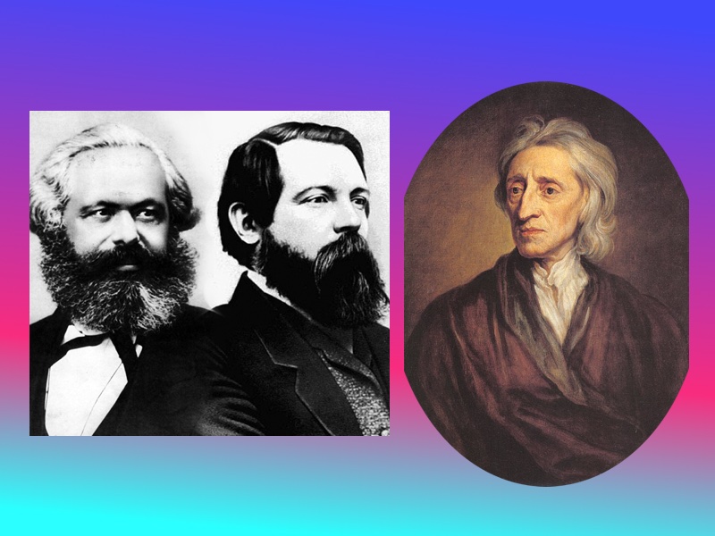 On the Left, Karl Marx and Friedrich Engels, advocates for collective responsibilities. Wikimedia Commons / Friedrich Karl Wunder and George Lester On the Right, John Locke, champion for individual rights. Wikimedia Commons / Godfrey Kneller (1646-1723)
