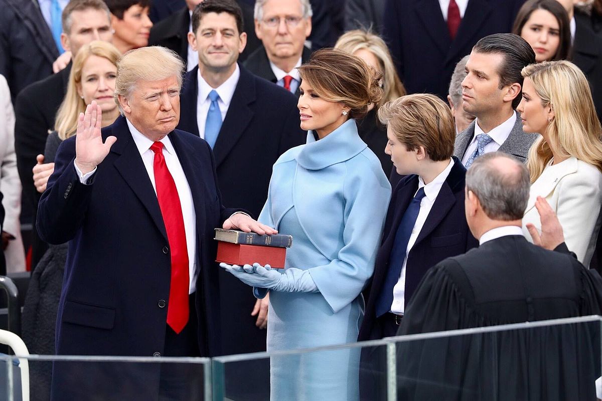 Donald Trump being sworn in as U.S. President on January 20, 2017 at the West side of the Capitol building in Washington, D.C.