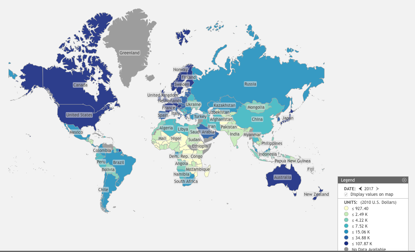 2017 GDP per capita by nation in 2010 US dollars.