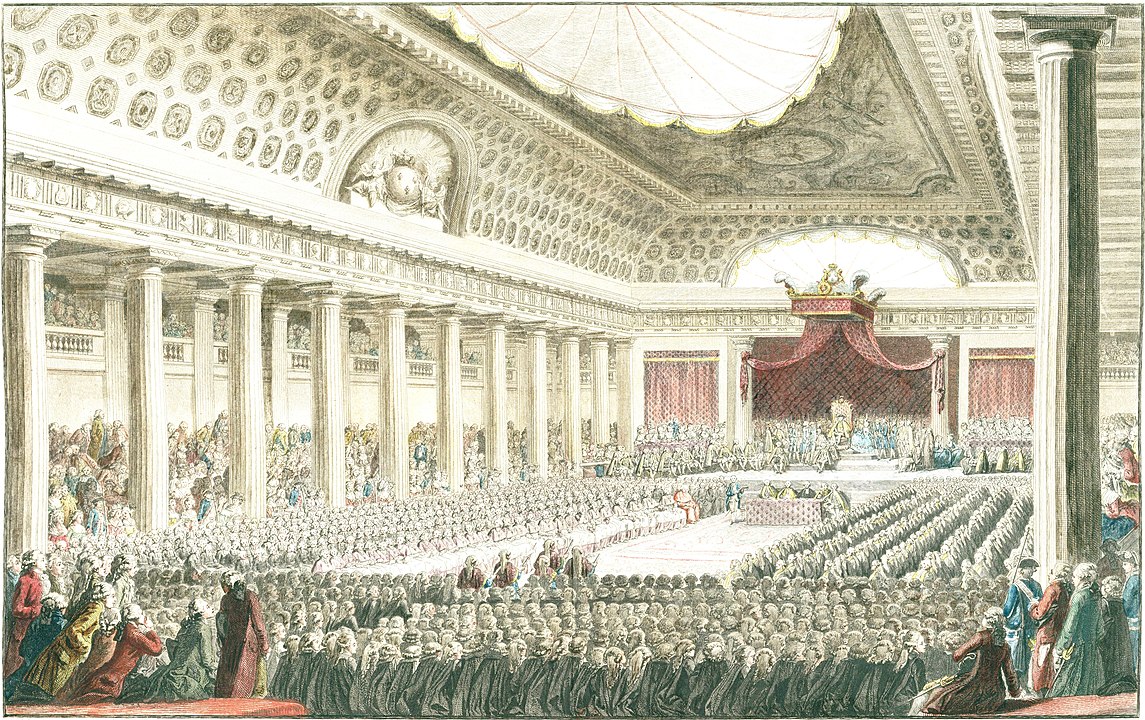 Opening of the Estates-General at Versailles on May 5, 1789 just before the French Revolution. The conservatives were seated on the Right, and the revolutionaries on the Left.