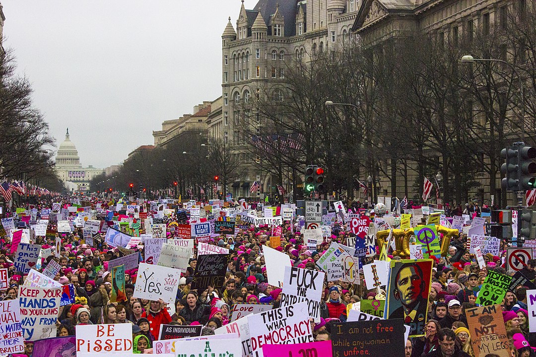 Women's March down Pennsylvania Avenue in Washington, DC on January 20, 2017. It protested the inauguration of Donald Trump.