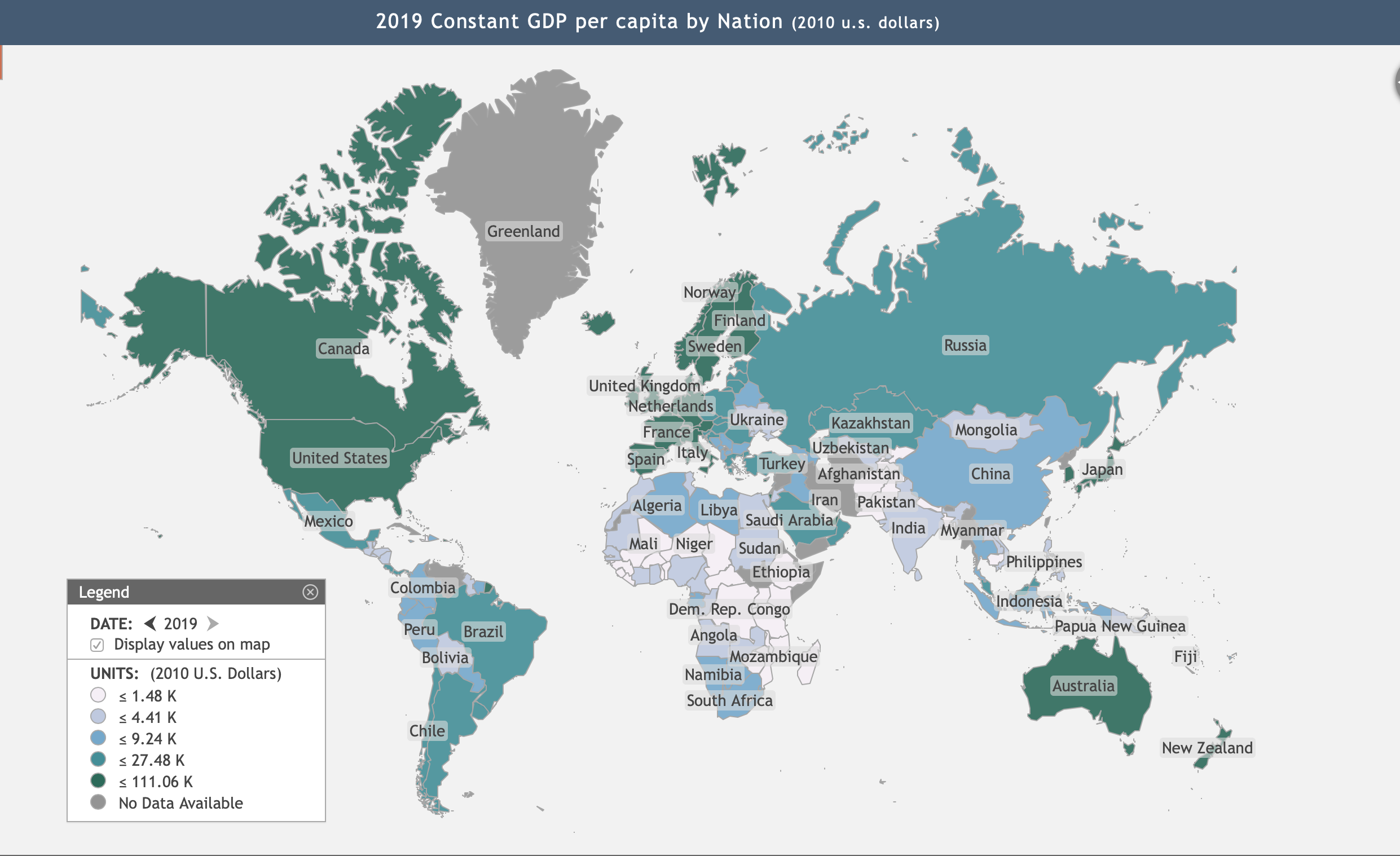 Per Capita GDP of the nations in 2019.