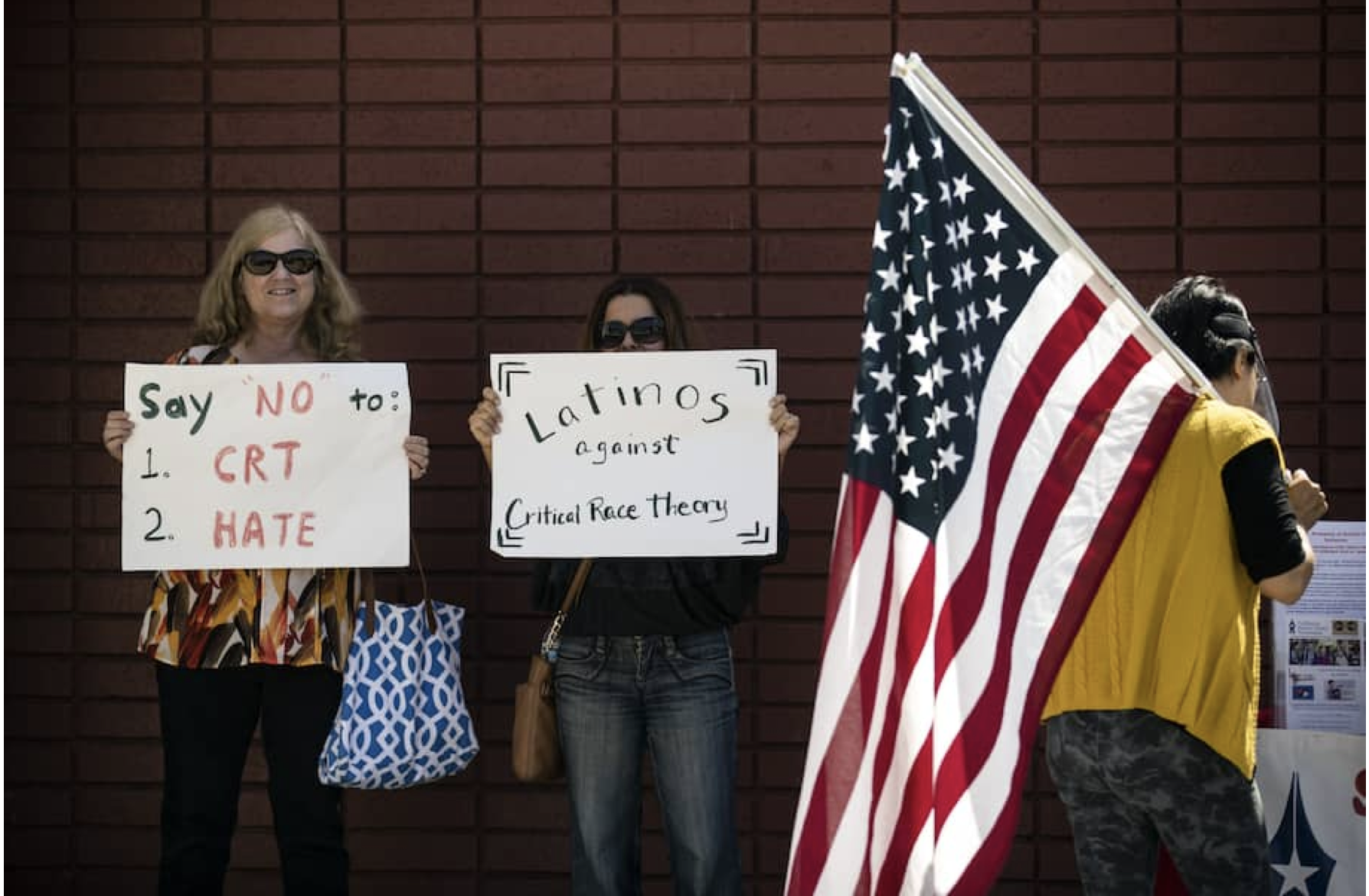 Parents protesting the teaching of Critical Race Theory in Los Alamitos, CA in May 2021.