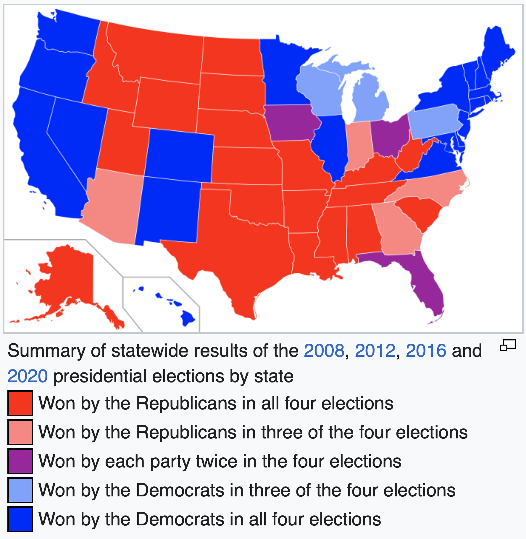 Red, blue, and purple states according to the last four presidential elections