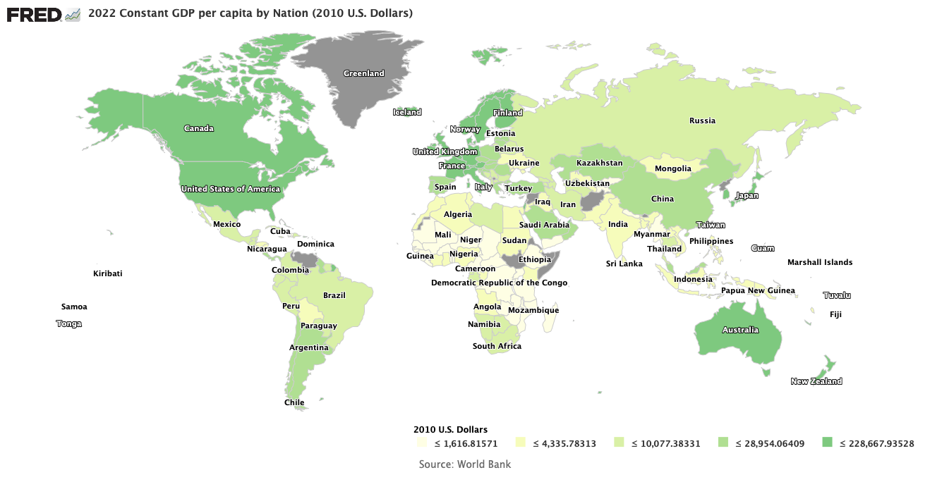 Global heatmap of national GDPs in 2022.